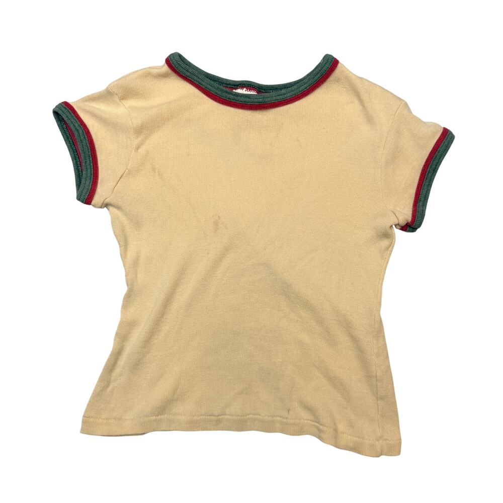 Vintage 70s JC Penney Ringer Tee Shirt Women's Large Beige Cotton Poly Skater